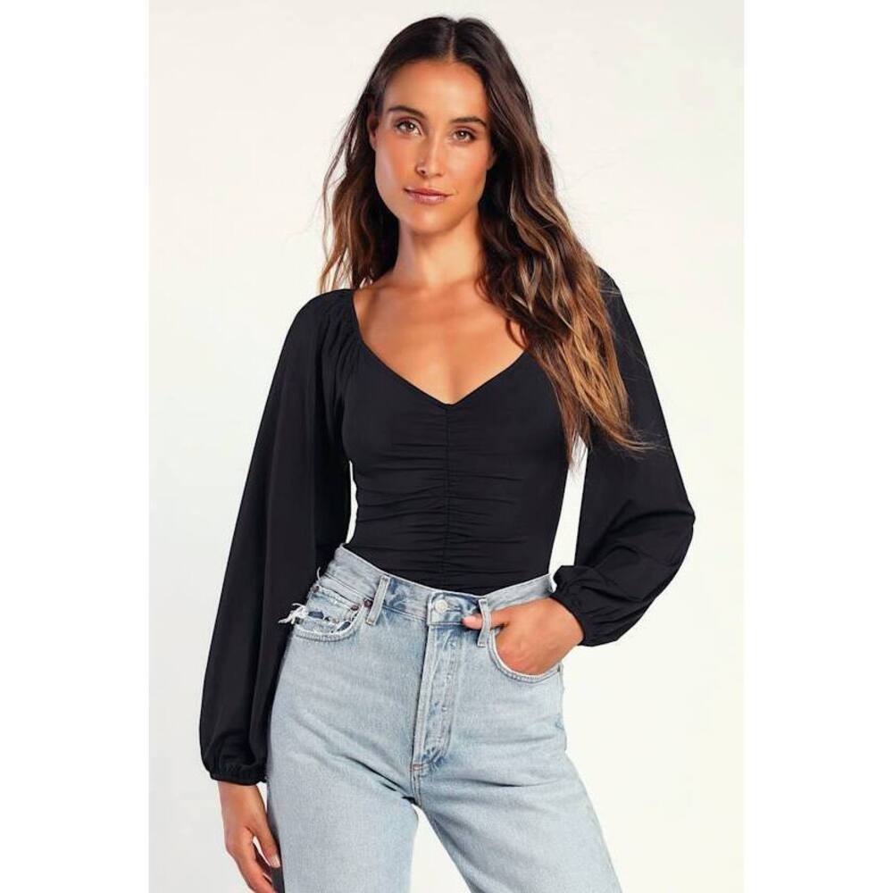 Lulus Certified Flirt Black Ruched Long Sleeve Bodysuit - Size M
